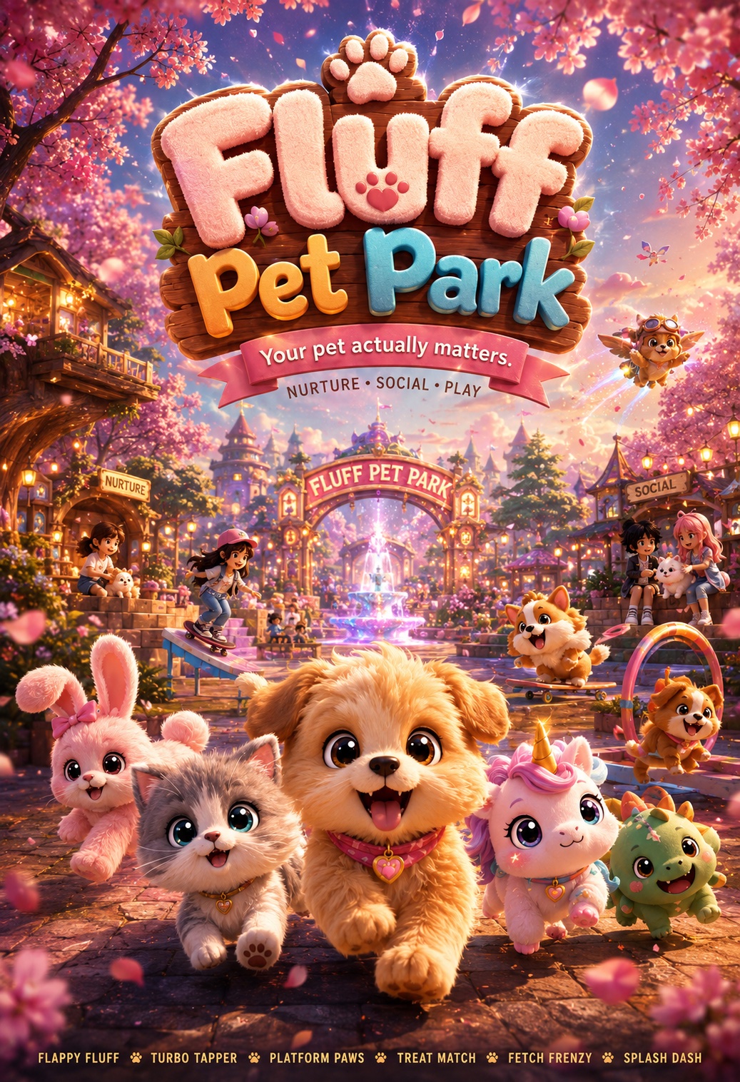 Fluff Pet Park — your pet actually matters. Nurture · Social · Play.